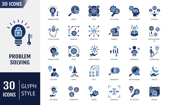 Problem solving icon set. Containing process, achieving goal, solutions, resources, knowledge, identify and more. Vector illustration