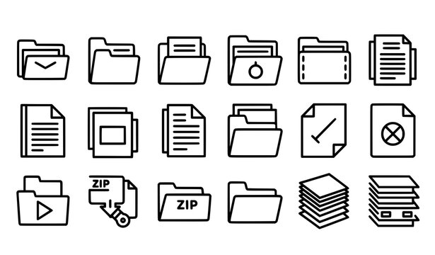 Bold line file and folder icon vector set for UI and web design