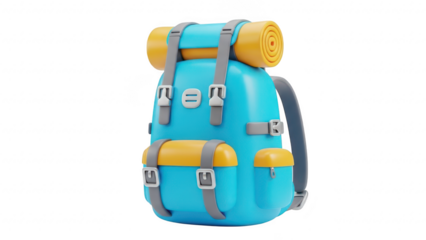 A blue and yellow backpack with a rolled up mat on top isolated on transparent background