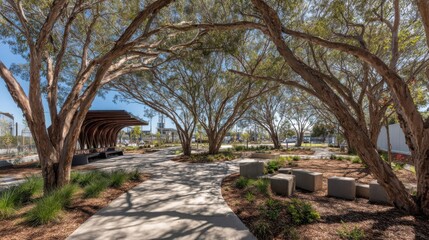 Fototapeta premium Lush landscaped park with modern architectural shelter and curved walkways inviting outdoor enjoyment