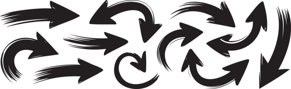 dynamic curved arrow shapes collection in black design, abstract swirl arrows set isolated on white background, motion direction arrows doodle icon pack