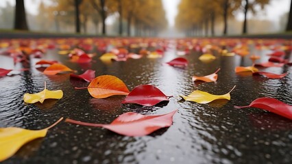 Vibrant Autumn Leaves on Wet Pavement with Blurred Fall Trees After Rain