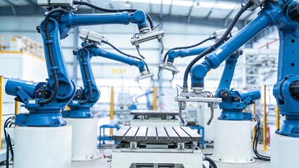 Blue robotic arms in factory