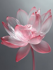 Stunning Digital Illustration of a Translucent Pink and White Glass Lotus Flower on a Gradient Gray Background

