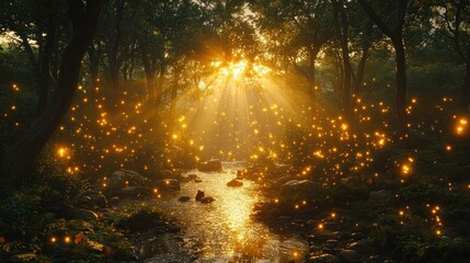 Fototapeta premium Golden light streams through mystical forest, fireflies