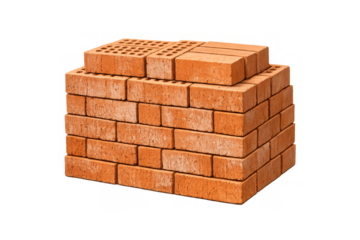 Stack of red brick building material on transparent background