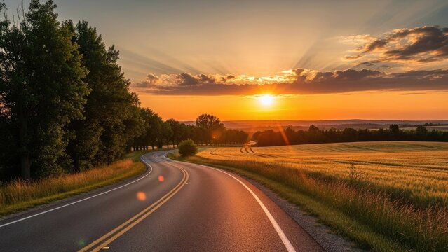 winding road through countryside at sunset
