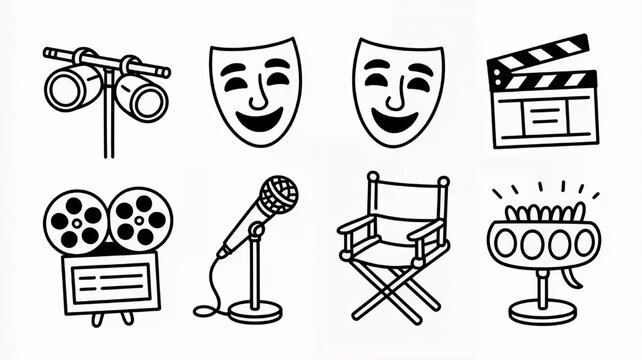 Collection of entertainment and film icons hand-drawn vector illustrations for media and performance concepts isolated on white