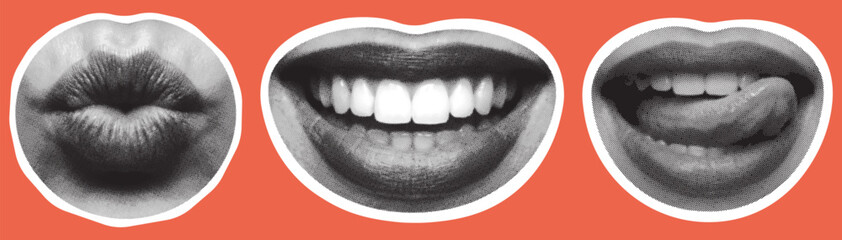 Set of retro halftone parts of body. Trendy halftone lips. Woman lips. Kiss, love, smile, hot. Halftone collage elements. Vector illustration.