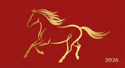 Minimalist Gold Brush Stroke Galloping Horse Silhouette on Red Background for 2026 Chinese Lunar New Year of the Horse