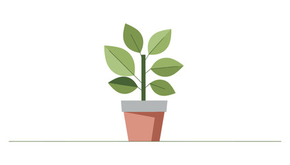 Fototapeta premium Potted plant illustration with green leaves in a simple brown pot on a white background minimal vector design