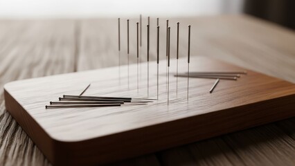 Close-up of acupuncture needles on a wooden board, blurry background