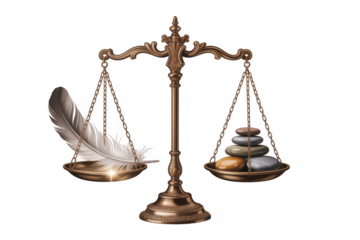 Bronze balance scale with feather and stones justice isolated on a transparent background