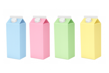 Colorful milk juice cartons packaging mockups on transparent background