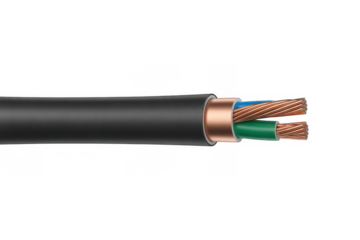 Cut end of a black electrical cable with exposed copper wires isolated on a transparent background