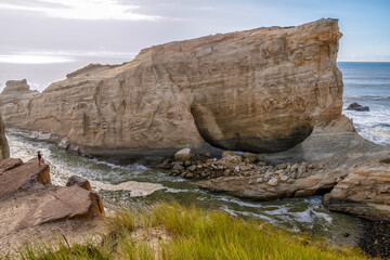 Fototapeta premium A rocky shoreline with a large rock in the middle. The rock is surrounded by water and grass