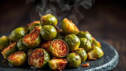 unobserved. Close-up of caramelized Brussels sprouts on dark slate, steam rising. menu design, packaging mockups, designed for culinary blogs and recipe cards for restaurants, used by art directors.