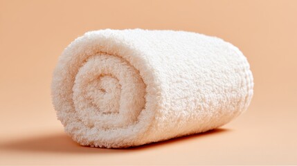 A neatly rolled soft white towel rests on a light peach backdrop, perfect for enhancing a relaxing spa experience or a cozy bathroom ambiance.
