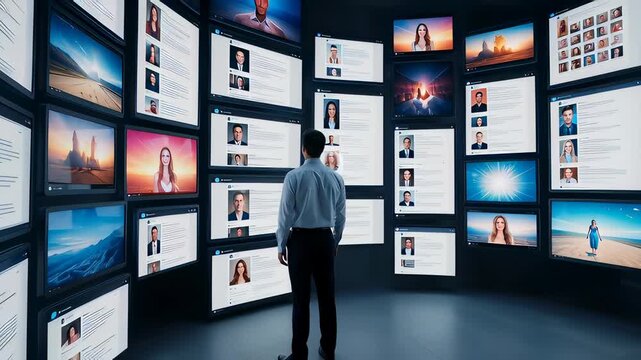 Back view of a businessman touching a glowing blue neon circle to activate a futuristic wall of digital data screens and interfaces in a cinematic 3D animation.