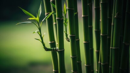 Close-up of vibrant green bamboo stalks with leaves, soft background