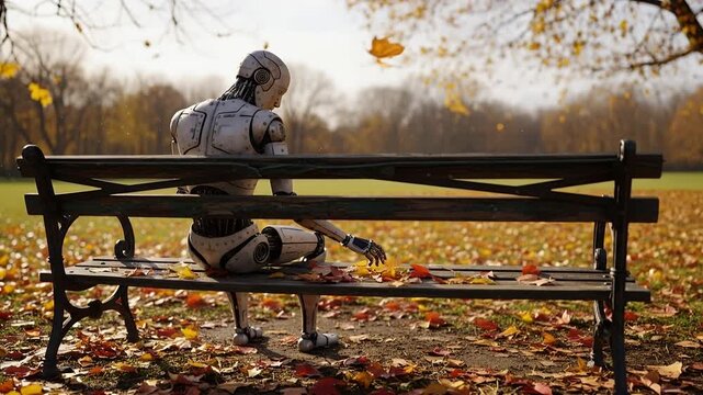 Robot Sits on Park Bench Contemplating Autumn Leaves