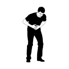 silhouette of a man with a stomachache against a white background
