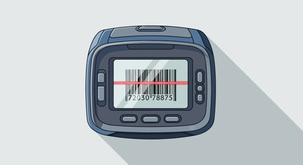 Barcode scanner device with red laser line scanning a product barcode.