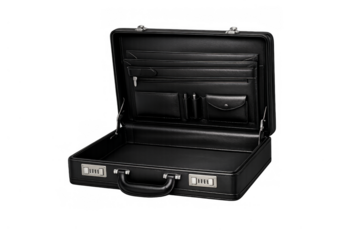 Open black leather business briefcase on transparent background