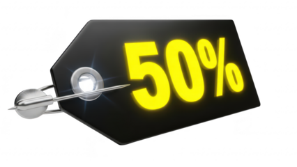 Black tag with 50 percent off discount sale signage on metal string isolated on transparent background