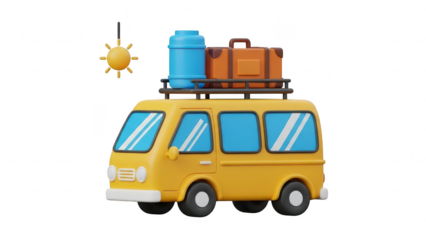 A cartoon yellow van with luggage on top and a sun in the sky isolated on transparent background