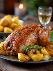 Golden roasted chicken with potatoes and fresh rosemary