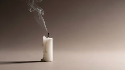 Extinguished white candle with smoke on a gray background symbolizing loss or farewell