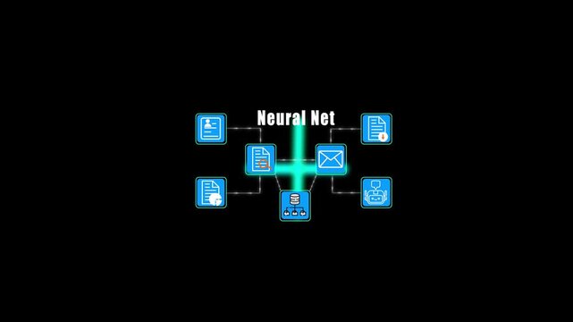 An advanced neural network data transfer system illustrating complex logic flow between AI chatbot nodes, cloud database, and secure global communication.
