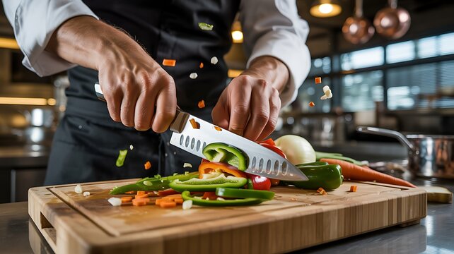 A chef skillfully chops fresh vegetables on a wooden cutting board in a modern kitchen - Powered by Adobe