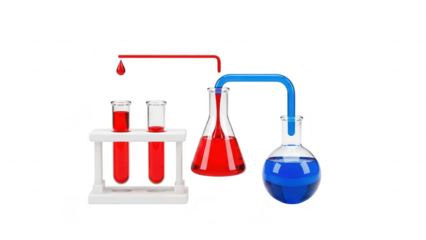 A laboratory setup with test tubes and flasks on a transparent background