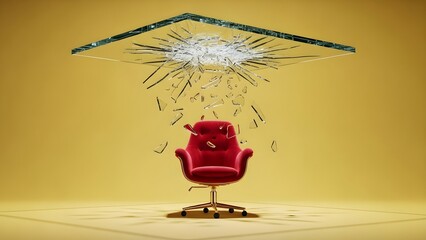 Surreal red chair levitating beneath shattered glass ceiling in golden studio, photographed from low angle showing modern design and floating illusion