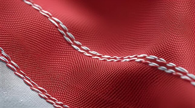 Close-up view of red fabric with white stitching on a grey surface