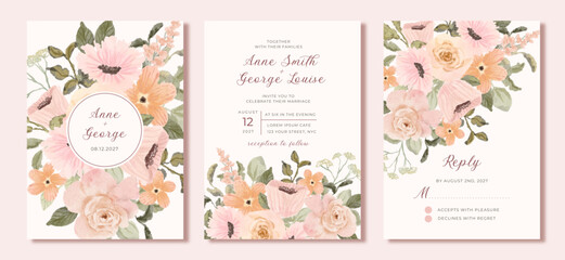 Obraz premium wedding invitation set with soft pink peach floral watercolor background