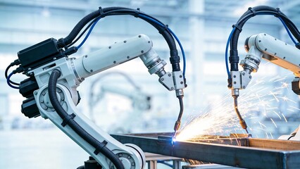 Industrial robots welding metal beams
