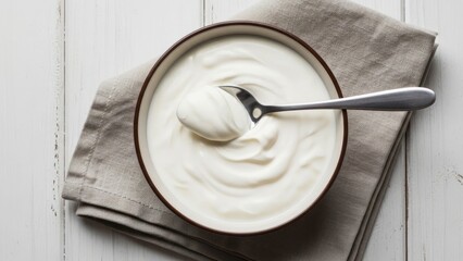 Creamy white dairy product in a bowl with a spoon. Wooden background