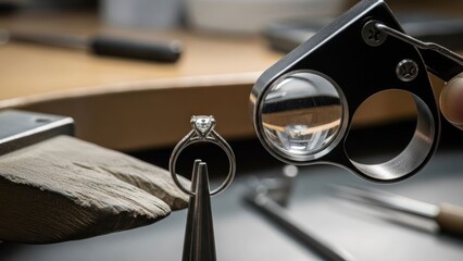 Diamond ring viewed under magnification tool on jeweler's workbench