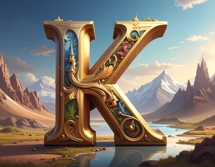 Large ornate letter "K" in gold with detailed design, scenic background