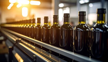 Dark Olive Oil Bottles Moving Smoothly on Conveyor Belt in Natural Light