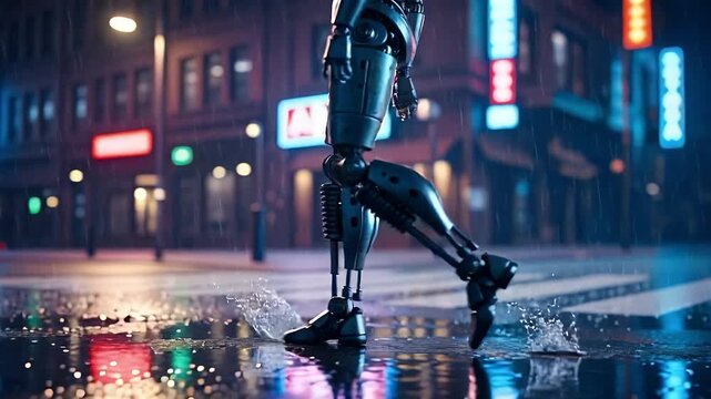 Robot legs walking on wet futuristic city street at night