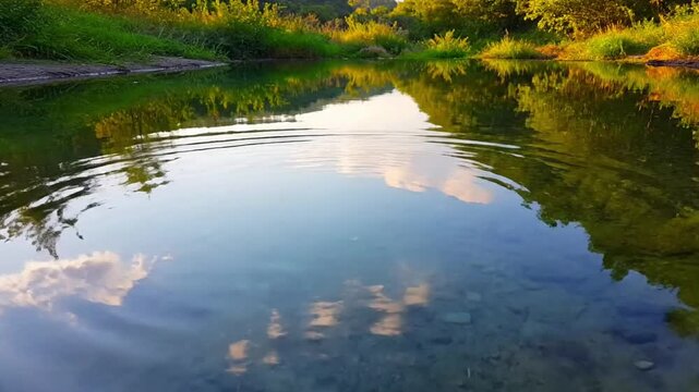Subtle Interaction A low-angle shot demonstrating the gentle interaction of a slow ripple with the very shallow edges of the pool, perhaps revealing the subtle movement of sand or pebbles beneath the