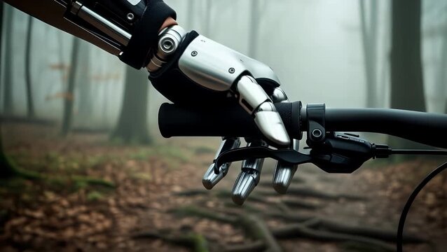 Prosthetic Hand Gripping Bike Handlebar in Misty Forest