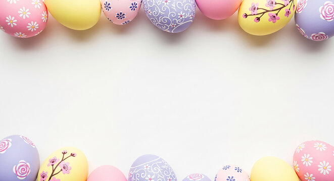 Row of painted easter egg, forming a frame, top and bottom, on white surface, representing springtime, celebration and holiday event, with free space
