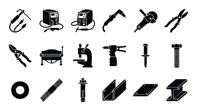 Essential metal fabrication equipment including welding machines, cutting tools, presses, rivets, bolts, washers, and steel beams for industrial project presentations