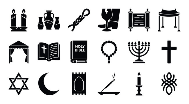 Collection of diverse spiritual and religious symbols, cultural objects, and ceremonial items, perfect for representing faith, traditions, and worship practices in educational or thematic