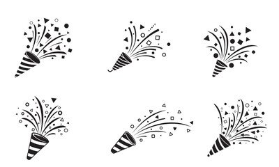 Set of six black and white party poppers exploding with confetti, isolated on a white background.